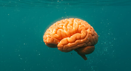 Poster - Voxel Art Brain in Blue Fluid a Detailed 3D Rendering of Cerebral Anatomy Science Innovation and Cognitive Function