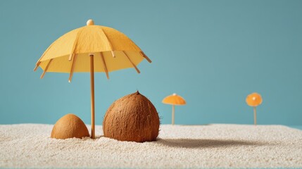 Aufkleber - Creative Beach Scene Featuring Coconut Fruits and a Bright Umbrella Captures the Essence of Summer and Relaxation in a Minimalistic Style Generative AI