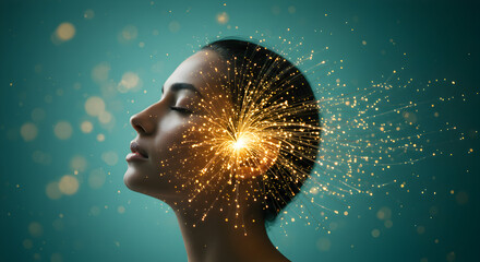 Poster - Woman Profile with Golden Sparks Emerging From Her Head on Teal Background Symbolizing Brilliance Light and Mental Energy