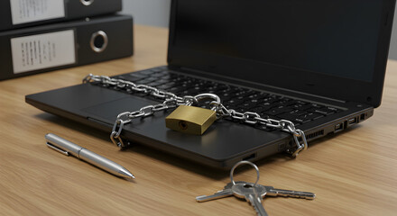 Poster - Black Laptop Secured with Chain and Padlock on Wooden Desk in Office Setting Offering Cybersecurity