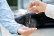 © Shisu_ka - lease, rental car, sell, buy. Dealership manager send car keys to the new owner.  Sales, loan credit financial, rent vehicle, insurance,  renting, Seller, dealer, installment, car care business