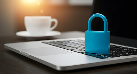 Poster - Blue Padlock Symbolizing Cyber Security on a Silver Laptop with Coffee Cup in Warm Lighting