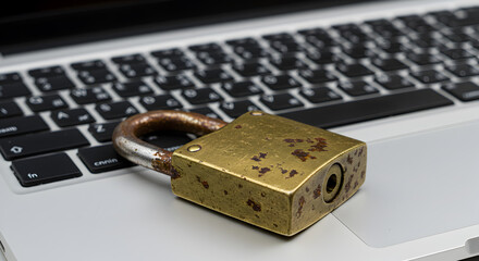Poster - Brass Padlock Securing Silver Laptop Keyboard Depicting Digital Security and Information Protection in Cybersecurity Theme