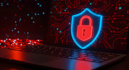 Poster - Cybersecurity Concept with Red Padlock in Blue Shield Displayed on Laptop Screen Against Red Circuit Board Background