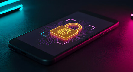 Poster - Glowing Golden Padlock on Smartphone Screen With Neon Accents Emphasizing Cyber Security on Dark Textured Surface