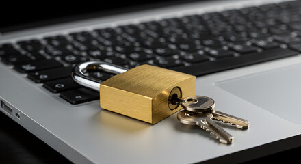 Poster - Gold Padlock and Keys Resting on Silver Laptop Keyboard for Cyber Security