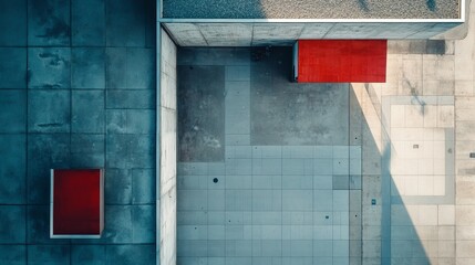Poster - Abstract Aerial View Modern Architecture Building Red Details Geometric Design Urban Scene Minimalist Concrete Structure Rooftop Shadows Blue Grey Tones Contemporary Architectural 