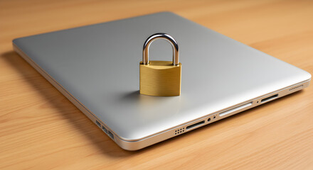 Poster - Gold Padlock Securely Placed On A Silver Laptop On Wood Table With Modern Design Highlighting Data Security And Personal Information Protection