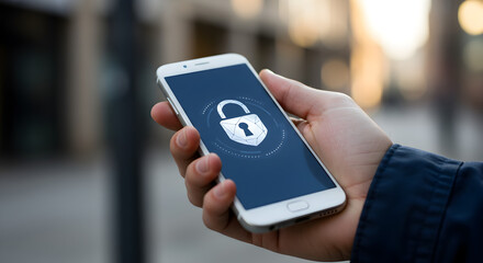 Poster - Hand Holding Smartphone Displaying Lock Icon in a Blurred City Background Promoting Mobile Security and Data Protection