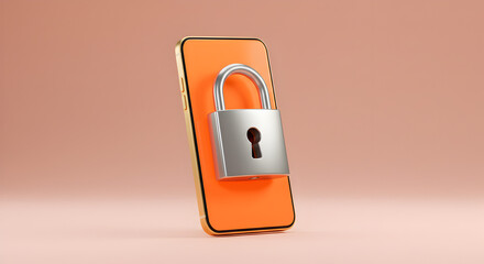 Poster - Orange Smartphone Secured with Silver Padlock for Data Protection in Studio Lighting on Peach Background