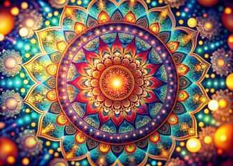 Poster - Bokeh Mandala Background:  Intricate Pattern with Soft Focus & Vibrant Colors