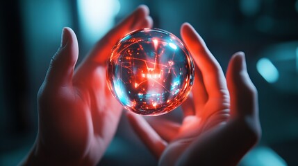 Poster - intriguing red and blue energy sphere held in hands futuristic abstract technology concept digital a