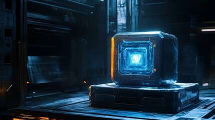 Poster - Futuristic Glowing Cube Digital Art Sci Fi Technology Abstract Background Modern Design Blue Orange Neon Light Energy Power Industrial Metallic Texture 3D Render Graphic Resource  