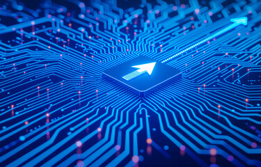 Aufkleber - Abstract image depicting a glowing blue arrow on a microchip, symbolizing technological advancement and rapid growth.