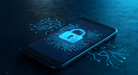 Poster - Smartphone Displaying Blue Digital Padlock on Dark Textured Surface with Circuit Patterns