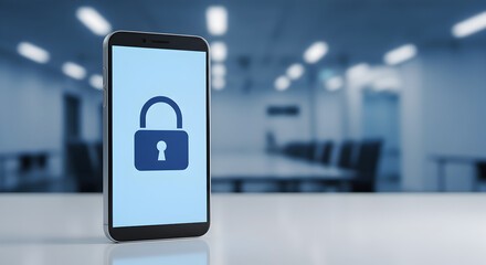 Poster - Smartphone Displays Padlock Symbol on Blue Screen Over Conference Table With a Clean Professional Security Services Aesthetic