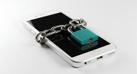 Poster - Smartphone Secured with Chain and Padlock Symbolizing Digital Data Privacy and Protection on Clean White Background for Technology Security