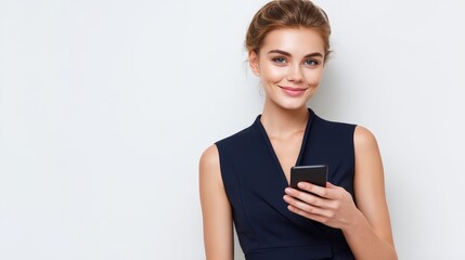 Poster - Elegant woman in black dress connects using cell phone, fashion, technology and communication intersect.