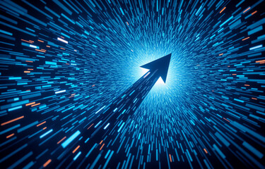 Poster - a dark blue arrow ascends through a vortex of light streaks, symbolizing rapid growth and progress i