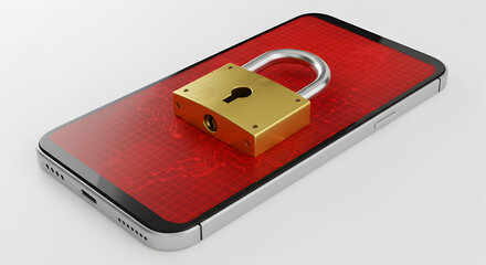 Poster - Smartphone with Red Screen Displaying Gold Padlock Symbolizing Digital Security on a White Background
