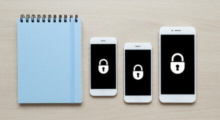 Poster - Three Phones Displaying Lock Icons and Blue Notepad on Light Brown Wood Overhead High Angle View with Secure Mobile Data Concept