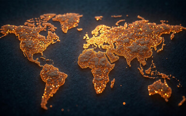 Poster - A glowing, textured world map, rendered in warm orange hues against a dark background.  The continents are formed from illuminated particles, suggesting connection and global reach.