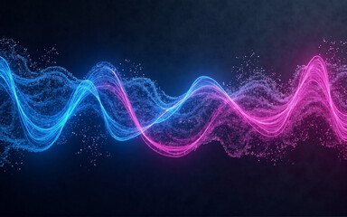 Fototapete - Abstract image featuring vibrant blue and pink wavy energy, resembling flowing particles or light trails against a dark background.  The waves intertwine and create a dynamic visual effect.
