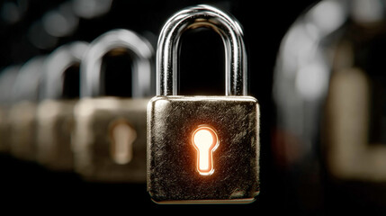 Poster - abstract digital padlock glows over a futuristic network background, symbolizing cybersecurity, glob
