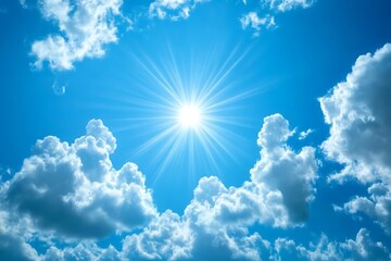 Wall Mural - bright sunshine illuminates the clear blue sky dotted with fluffy white clouds creating a serene atm