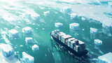 Murky waters dotted with drifting ice blocks, cargo vessel navigates through icy sea. [Graviton Cities] | Hover Gridscapes | drifting blocks. Illustration
