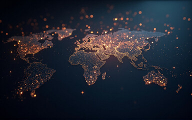 Aufkleber - A glowing, interconnected world map, depicted as a constellation of lights against a dark blue background.  The image represents global connection and communication.