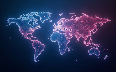 Poster - a glowing, interconnected world map depicted with vibrant blue and pink light, symbolizing global co