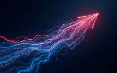 Aufkleber - a vibrant, upward-pointing arrow composed of glowing, flowing particles. the arrow's trail is a mix 