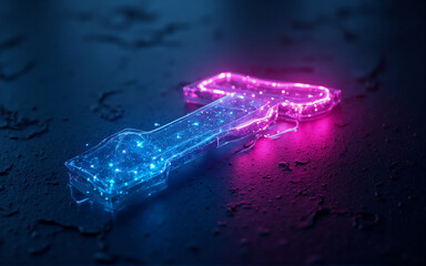 Poster - a glowing, translucent hammer rests on a dark, wet surface. its head is pink neon, the handle blue. 