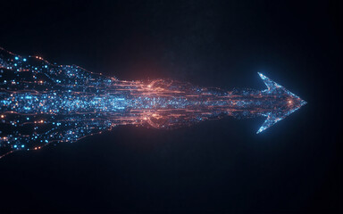 Aufkleber - a luminous arrow, composed of glowing particles, streaks across a dark void. the arrow's tail displa