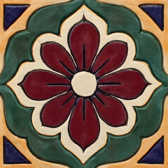 Fototapete - A decorative tile featuring a central floral design surrounded by geometric shapes in green, maroon, and blue tones