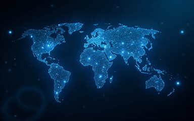 Poster - glowing blue lines form a digital world map, depicting global interconnectedness and network. points