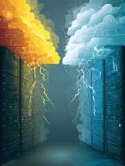 Aufkleber - Dueling Clouds Shaped Like Tech Servers Clash With Lightning in a Dynamic Digital Atmosphere During a Stormy Encounter Generative AI