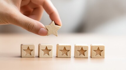 Poster - A person intently placing a star in a row of wooden blocks symbolizing trust and reputation in distributed economies