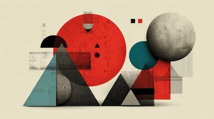 Poster - Abstract geometric circle and triangle composition shapes in red, black, and teal on a textured background.
