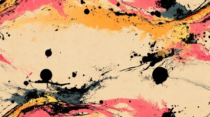 Poster - Abstract seamless pattern background with splashes and textures in pink, yellow, and black hues.