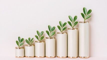 Poster - Row of white vases with green plants representing natural growth and financial trends in a minimalist setting
