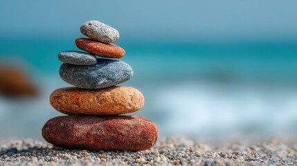 Poster - A serene stack of rocks on a beach symbolizing tranquility and calmness in the fast-paced investment world
