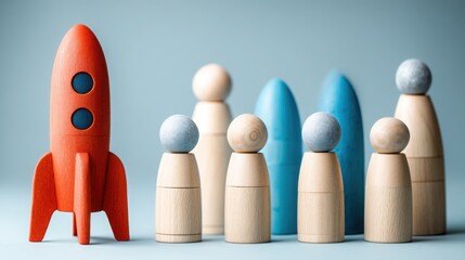 Poster - Inspiring rocket alongside group of wooden people representing collaboration in high-impact entrepreneurship