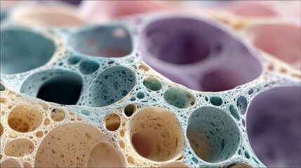 Poster - Organic cell structure macro closeup soft pastel Abstract close-up of colorful bubbles and porous textures in a fluid medium.
