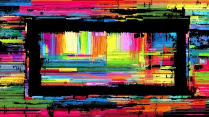 Poster - Abstract pixel glitch texture broken frame Abstract colorful digital art with a bold black frame.