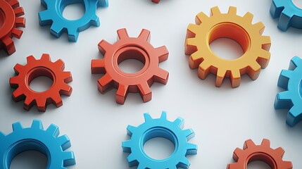 Poster - colorful interlocking gears mechanism teamwork business concept abstract 3d render shiny orange red 