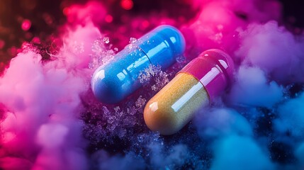 Poster - Vibrant Blue and Pink Capsules on Ice Abstract Medical Pharmacy Healthcare Drug Concept Image Modern Colorful Pills Medicine Treatment Background cold photo style vivid smoke vapor design   