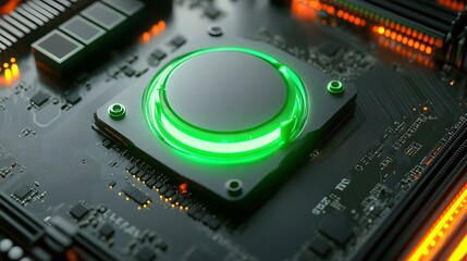 Poster - Abstract Futuristic Technology Green Neon Circular Button Interface Motherboard Digital Design Electronic Circuit Board Modern Technology Background High Tech Innovation Green Light Glowing 