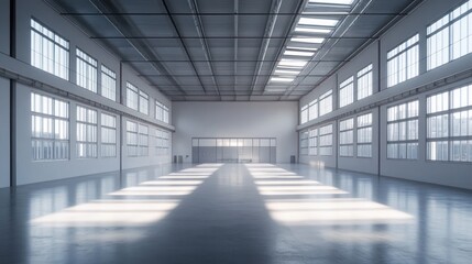 Poster - expansive and luminous empty industrial space with polished conc